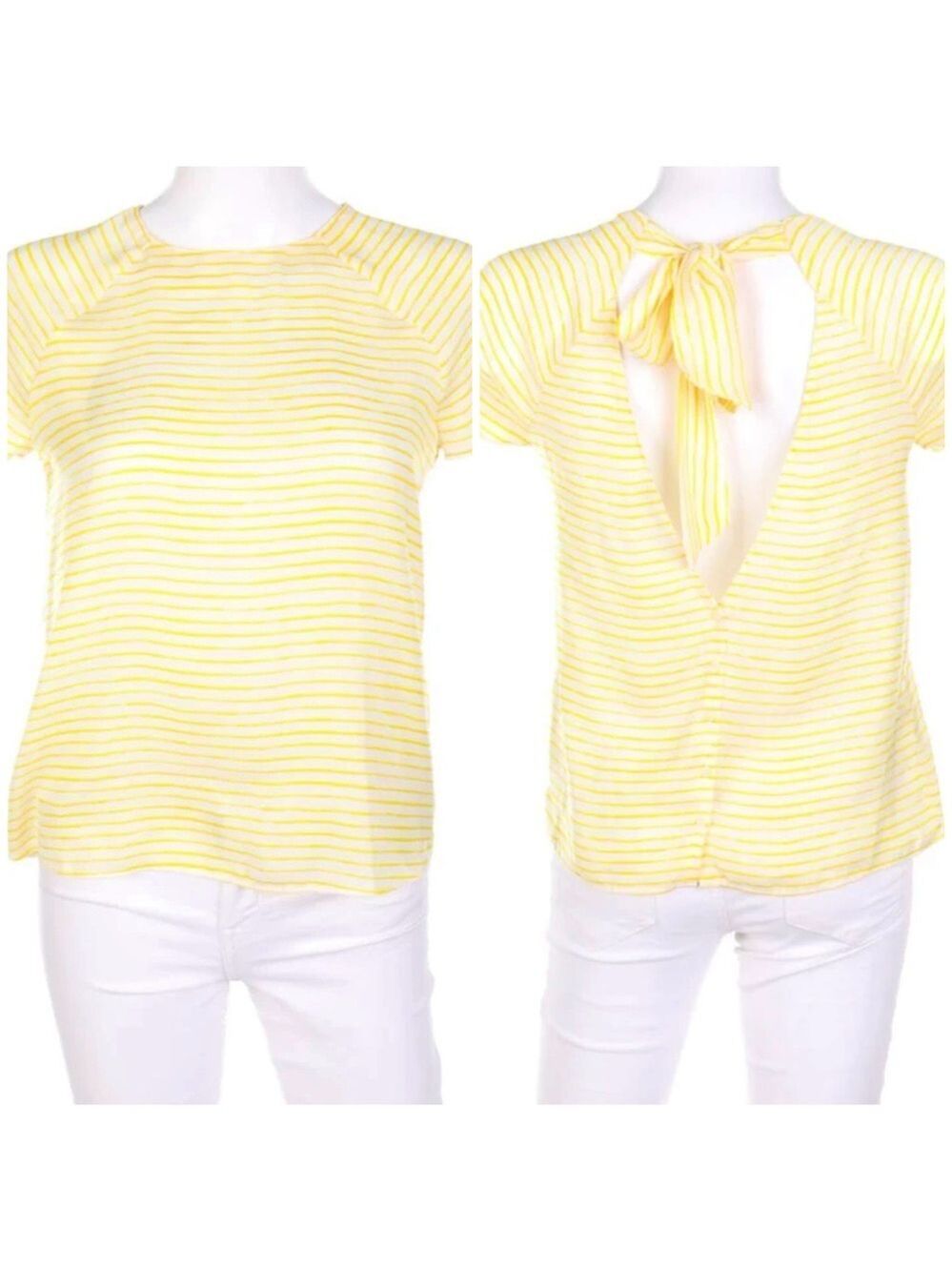 Zara Trafaluc white yellow stripe low open tie back short sleeve boxy top M